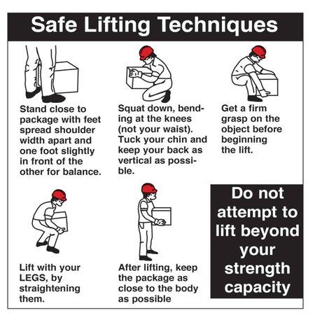 BRADY Safe Lifting Techniques Labels, 6in H x 6in W, Black/Red on White, 100PK 92327